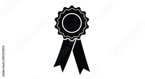 A simple black and white illustration of a ribbon award or rosette isolated on white