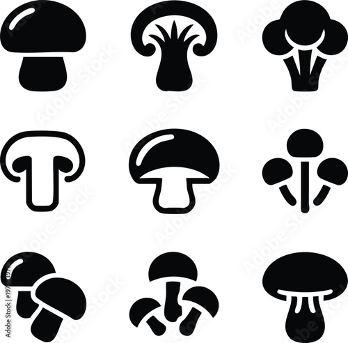 Minimalist Mushroom and Fungi Icon Collection, Professional Mycology and Organic Food Graphic Set, Black and White Vegetable and Forest Foraging Vector Set, vector, illustration, silhouette.