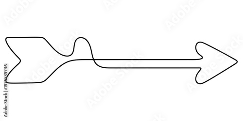 A single continuous black line drawing of a stylized arrow pointing towards the right side area. Vector, illustration