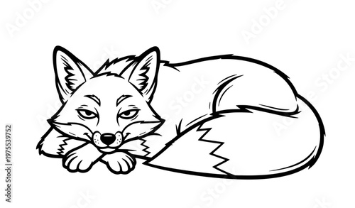 Mischievous fox cartoon line art black and white vector lying pose isolated on white background