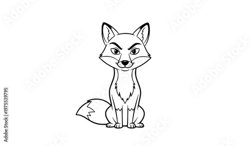 Cunning fox cartoon black and white line art vector with sly expression isolated on white background