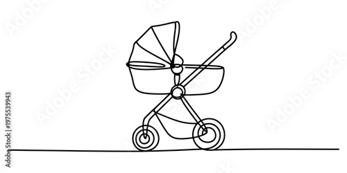 A simple black and white line drawing of a baby stroller isolated on a plain white background Vector, illustration