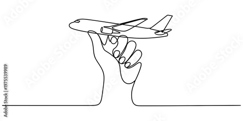 A continuous line drawing of a human hand holding a small airplane model against white background. Vector, illustration