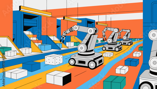 A vibrant illustration of robotic arms working in a modern factory warehouse with conveyor belts and boxes
