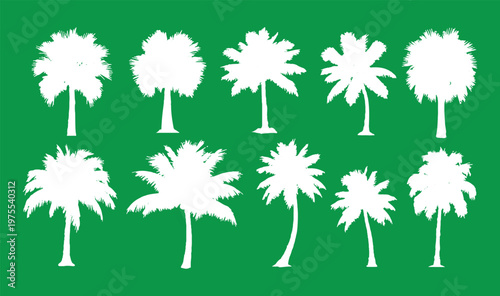 A professional set of ten white palm tree silhouettes arranged on a solid green background, featuring various tropical tree species and frond shapes for summer vacation and travel designs.