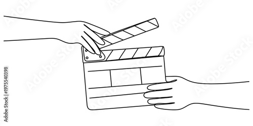 A simple black and white line drawing of a pair of hands holding a movie clapperboard in action Vector, illustration
