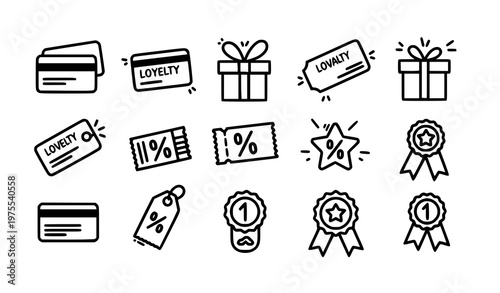 Sticker style loyalty card doodle icons bold outline reward program vector set