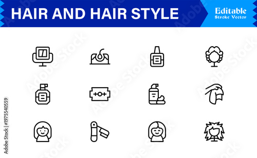 Hair Styling, Salon, and Grooming – Modern Minimal Line Icon Collection for Beauty and Barber Shop Essentials