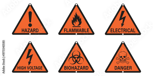 Warning triangular caution shapes signs with various danger symbols: hazard, flammable, electrical, high voltage, biohazard, skull with bonE