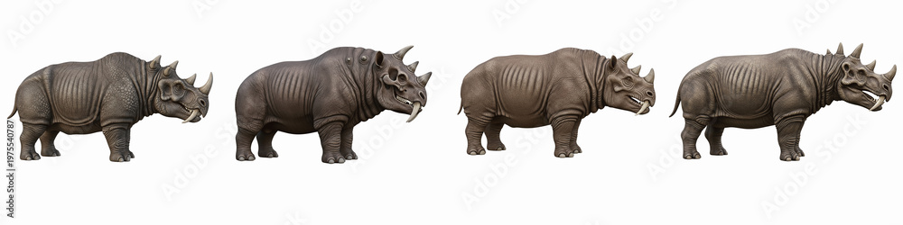Fototapeta premium Collection of fantasy rhinoceros creatures with horns on black background