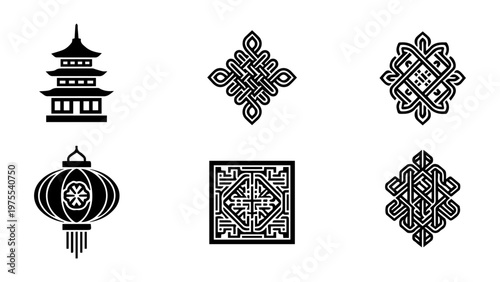 Chinese cultural icons: pagoda lantern knot with east asian lantern festival good luck temple tower hanging lantern traditional architecture ornament celebration heritage