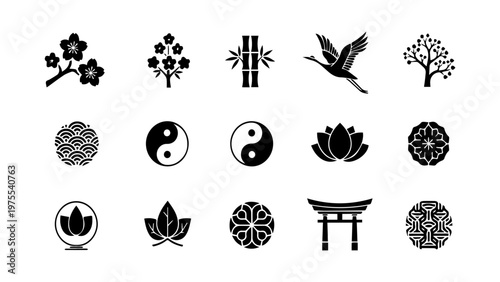 Black icons of traditional asian symbols and motifs with yin yang torii gate religion spirituality tradition silhouette illustration collection oriental meditation