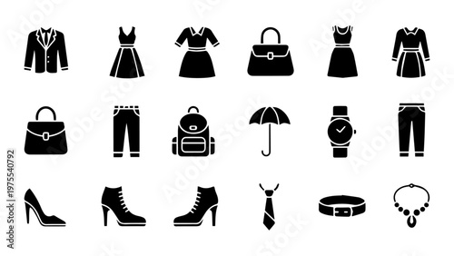 Fashion and accessories icons set with formal wear casual wear personal accessory evening wear day wear business attire clothing symbols clothing accessories collection