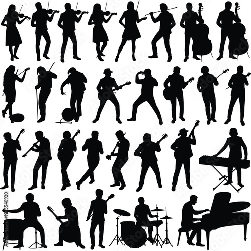 Black silhouettes of musicians playing various instruments