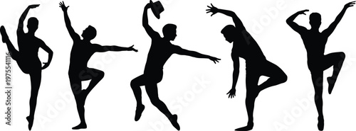 Five dancers in silhouette performing ballet poses