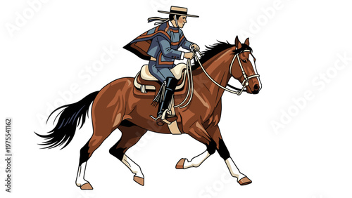 Cowboy riding brown horse with white socks in a dynamic pose against a clean white background.
