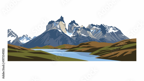 Illustration of a serene mountain range with a river flowing through a green and brown landscape against a white background.