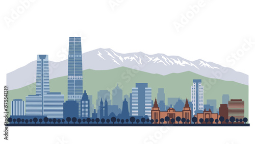 Illustration of a city skyline with modern and historic buildings against a mountainous backdrop with snowy peaks.