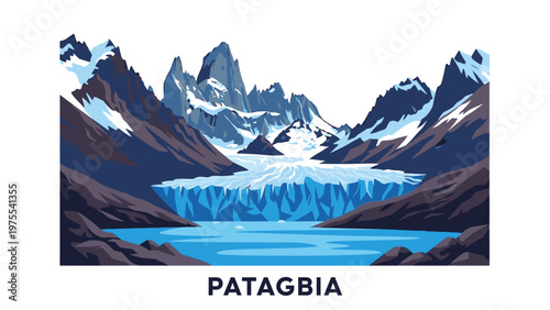 Illustration of a serene lake surrounded by rugged mountains and glaciers in Patagonia with a clean white background.