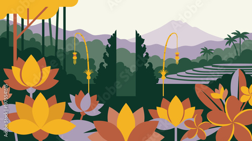 Vibrant lotus flowers bloom in a serene tropical garden.