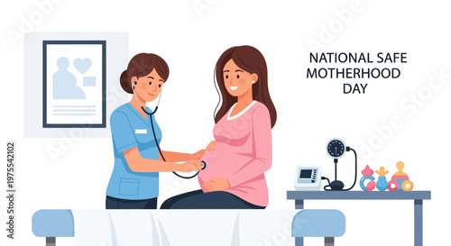 Celebrating National Safe Motherhood Day with a vector illustration depicting a healthcare worker using a stethoscope to check a pregnant woman's baby, set against a clean white backdrop