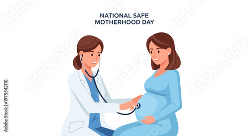 A doctor uses a stethoscope to examine a pregnant woman's belly for National Safe Motherhood Day in a supportive maternal healthcare illustration, set against a clean white background
