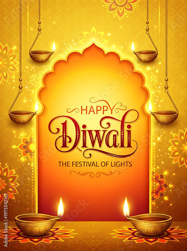 Happy Diwali Greeting Card with Burning Oil Lamps and Golden Arch