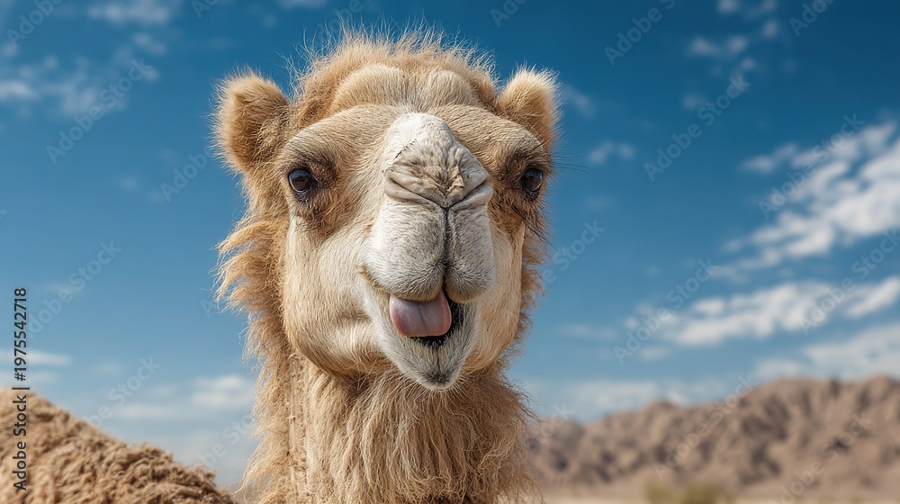 Fototapeta premium Close-up panoramic portrait of a cute camel sticking out tongue with happy smiling expression in desert, clear details under bright blue sky with natural soft light and vivid colors, ideal for travel