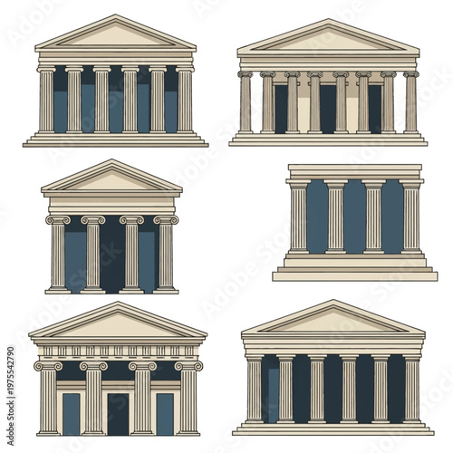 Collection of six flat vector illustrations featuring ancient Greek and Roman temple facades with classical marble columns, triangular pediments, and architectural friezes on a white background.