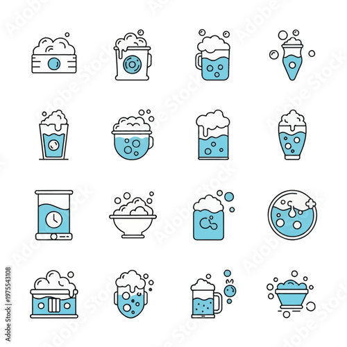 A collection of sixteen minimalistic thin line beer and brewery icons featuring various glasses, mugs, and bowls with frothy foam and bubbles in a blue and black color palette.