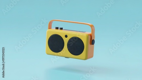 A yellow portable speaker floats in mid-air against a light blue background