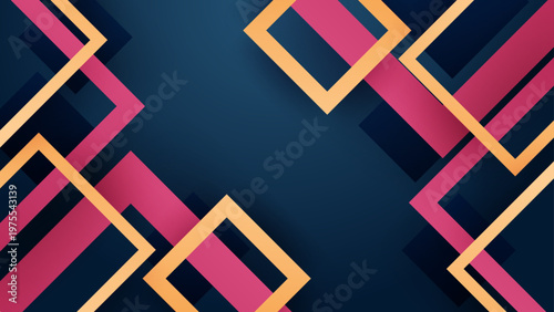 Sophisticated dark blue background with overlapping pink and gold square frames and deep shadows