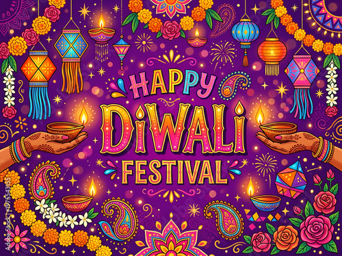 Happy Diwali Festival Greeting Card with Decorative Lamps and Flowers