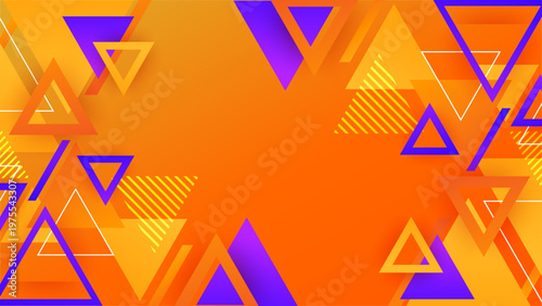 Energetic background with orange gradient and purple triangular elements and striped patterns