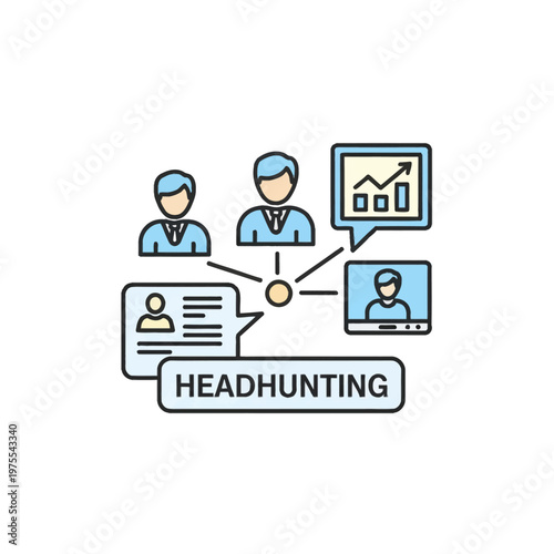 Conceptual headhunting vector illustration featuring candidate profiles, job recruitment analytics charts, resume data, and a video interview interface on a plain white background.