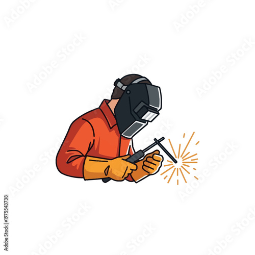 Minimalist vector logo of a professional welder wearing a black protective mask and orange work shirt, holding an arc welding tool with bright sparks, isolated on white background.