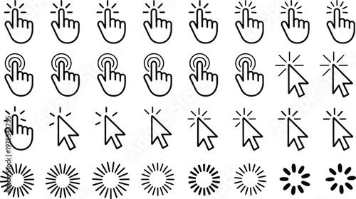 Cursor hand pointer and loader icons collection isolated on white background, interactive symbols with click gesture hand arrow and spinning loader, professional vector design for digital interface