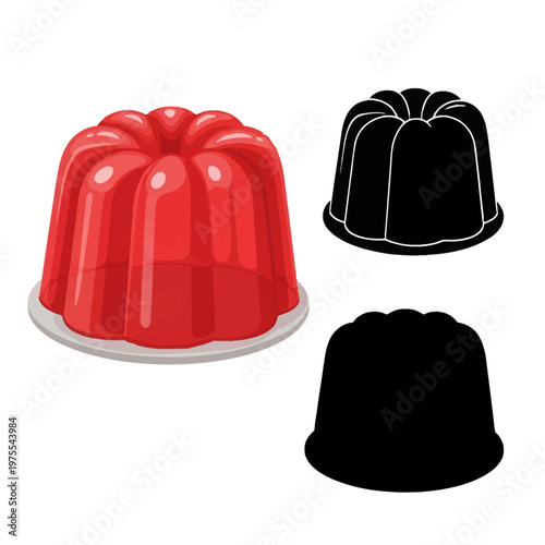 Vector illustration of a red translucent gelatin dessert in a fluted bundt mold shape, featuring a color version with highlights, a detailed black silhouette, and a solid black icon.