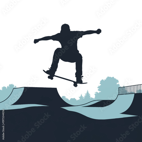 Silhouette of a skateboarder performing a jump trick in mid-air over a skatepark ramp and quarter pipe against a minimalist background with trees, urban extreme sports vector.