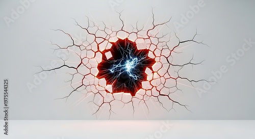 A dramatic abstract artwork featuring a glowing blue center surrounded by red cracks in a white background
