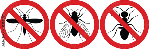 Warning signs indicating no mosquitoes, flies, and ants allowed vector illustration.