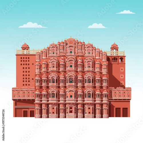 Vector illustration of the Hawa Mahal or Palace of Winds, a famous landmark in Jaipur, Rajasthan, India, featuring detailed red sandstone architecture and symmetrical honeycomb windows.