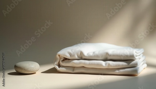 Soft White Folded Towel and Speckled Stone on Neutral Background with Dramatic Sunlight Shadows Serene Still Life