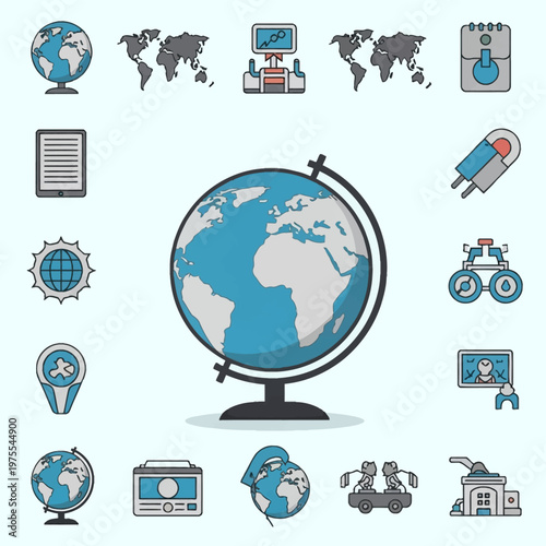 Vector illustration featuring a terrestrial globe on a stand surrounded by miscellaneous icons related to geography, global technology, navigation, maps, and industrial data.