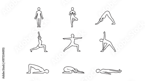 Nine basic yoga poses illustrated in simple line drawings for beginners
