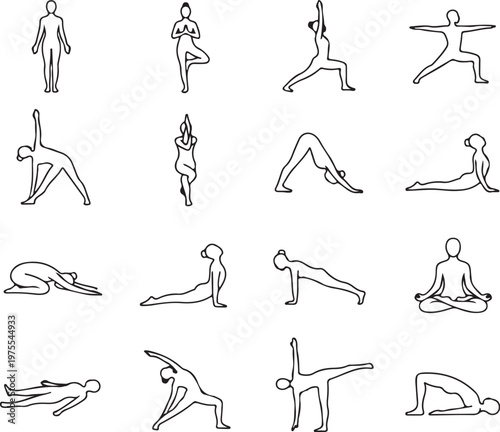 Illustrations of various yoga poses for beginners and intermediate practitioners