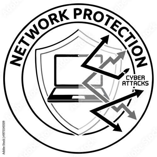 Modern vector illustration depicting network protection with a shield defending a laptop from incoming cyber attacks, highlighting cybersecurity concepts and data safety.