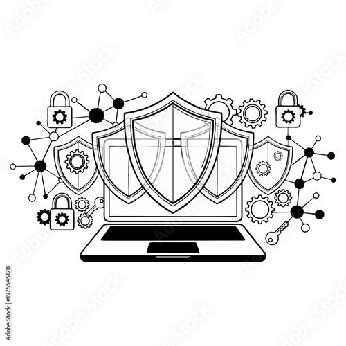 This professional vector illustration features a black and white laptop computer protected by multiple layered shields representing digital cybersecurity concepts.