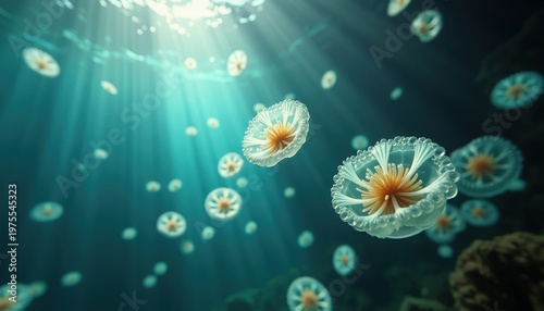 Underwater Ocean Scene With Many Jellyfish Floating In Sunlit Teal Water With Rays Of Light Illuminating The Deep Sea