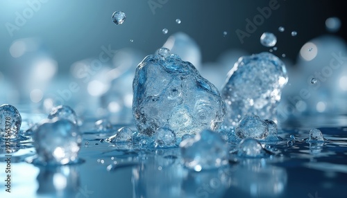 Dynamic Close Up Of Clear Ice Chunks And Water Droplets Splashing In Blue Light With Reflected Surface